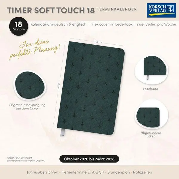 Bild: 9783819305177 | Timer Soft Touch 18 Monate dunkelgrün 2027/2028 | Korsch Verlag | Buch
