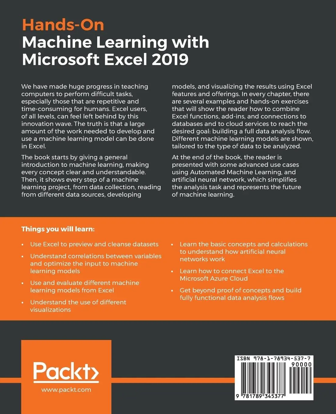 Rückseite: 9781789345377 | Hands-On Machine Learning with Microsoft Excel 2019 | Martino | Buch