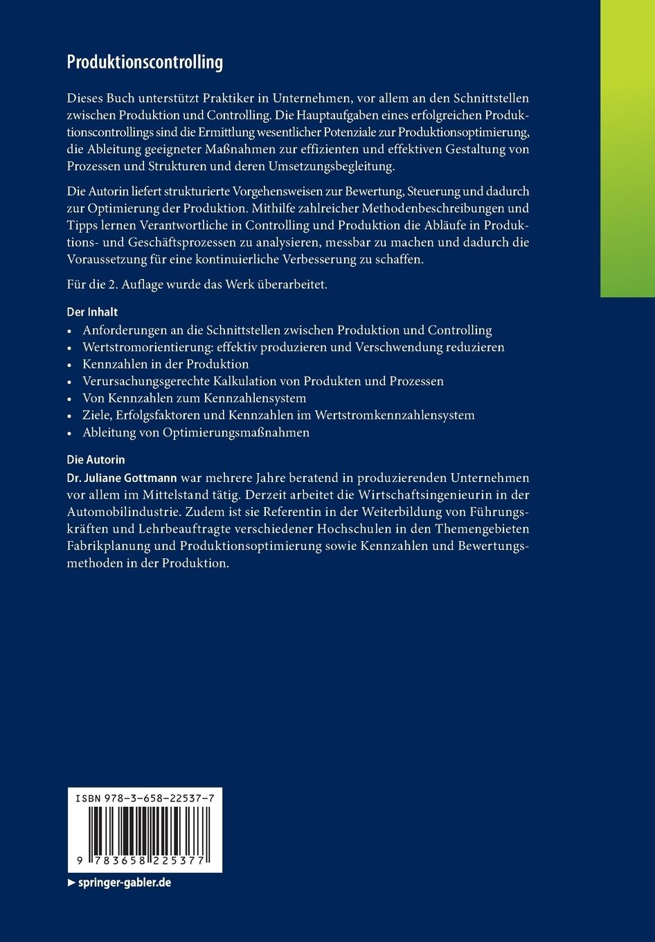 Rückseite: 9783658225377 | Produktionscontrolling | Wertströme und Kosten optimieren | Gottmann