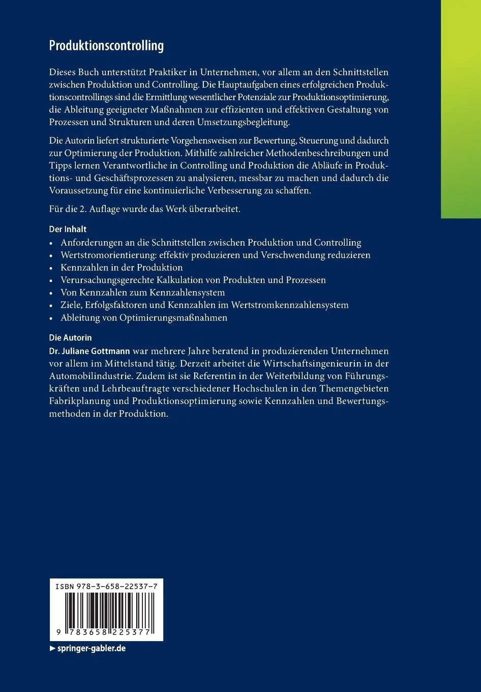 Rückseite: 9783658225377 | Produktionscontrolling | Wertströme und Kosten optimieren | Gottmann