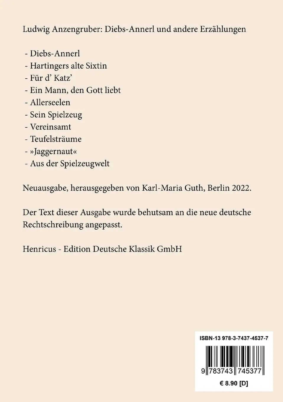 Rückseite: 9783743745377 | Diebs-Annerl | und andere Erzählungen | Ludwig Anzengruber | Buch