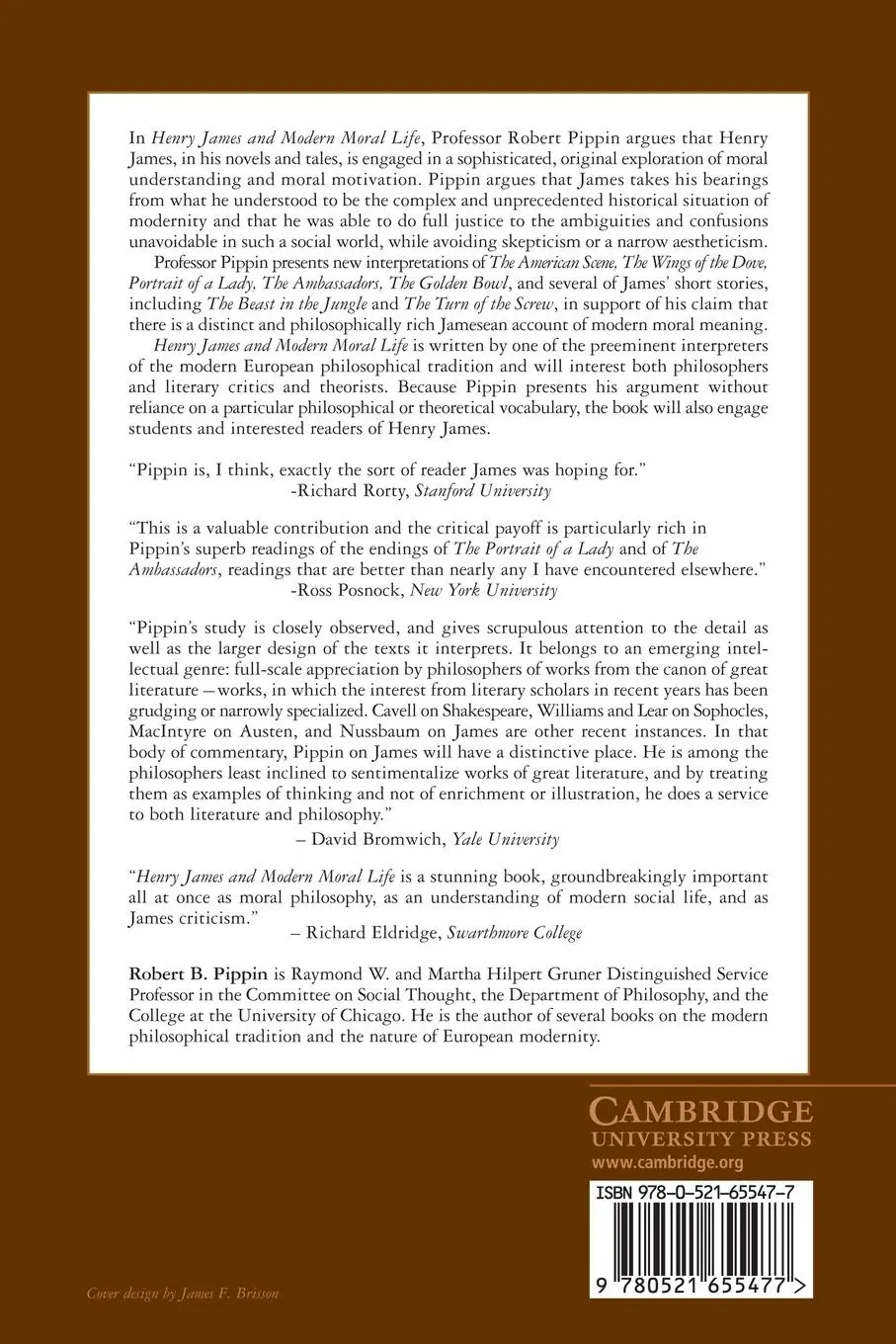 Rückseite: 9780521655477 | Henry James and Modern Moral Life | Robert B. Pippin | Taschenbuch