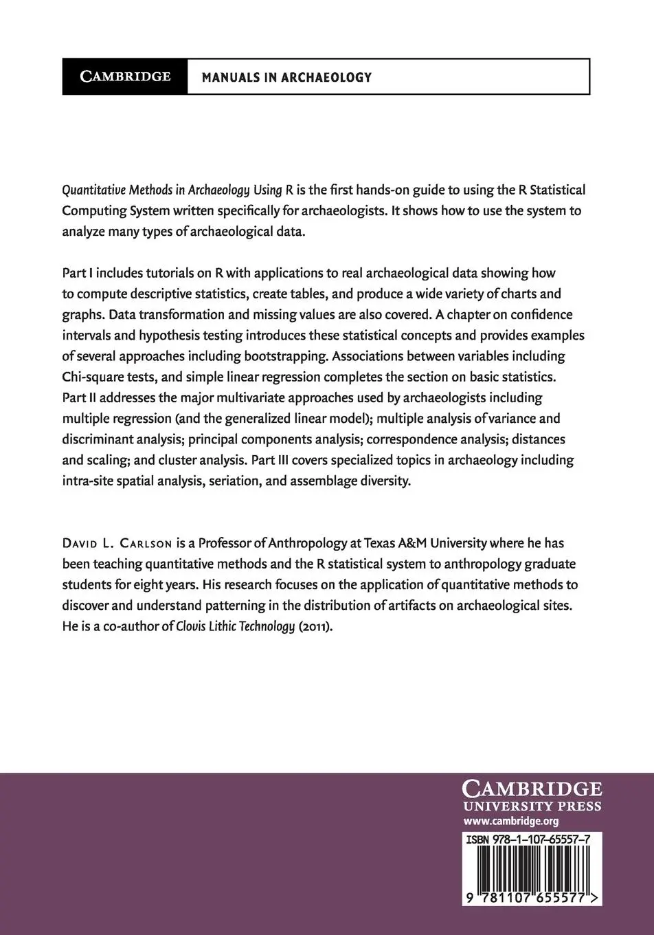 Rückseite: 9781107655577 | Quantitative Methods in Archaeology Using R | David L. Carlson | Buch