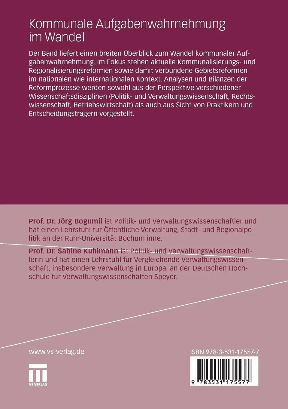 Rückseite: 9783531175577 | Kommunale Aufgabenwahrnehmung im Wandel | Sabine Kuhlmann (u. a.)