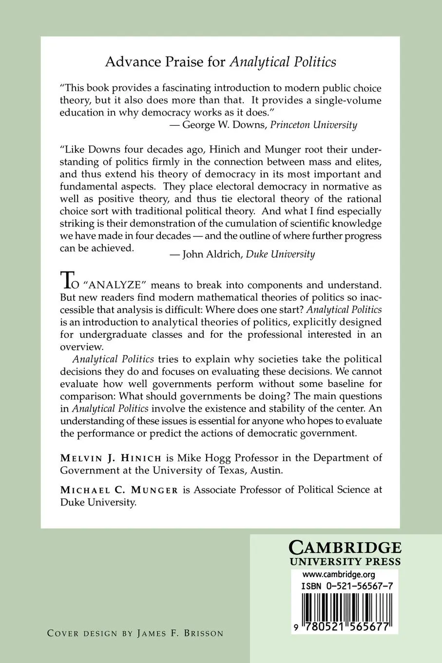 Rückseite: 9780521565677 | Analytical Politics | Melvin J. Hinich (u. a.) | Taschenbuch | 2004
