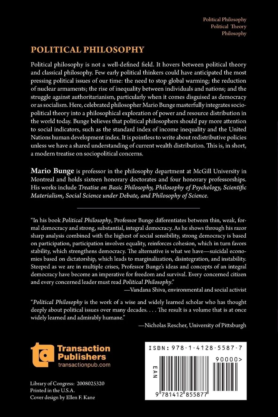Rückseite: 9781412855877 | Political Philosophy | Fact, Fiction, and Vision | Mario Bunge | Buch