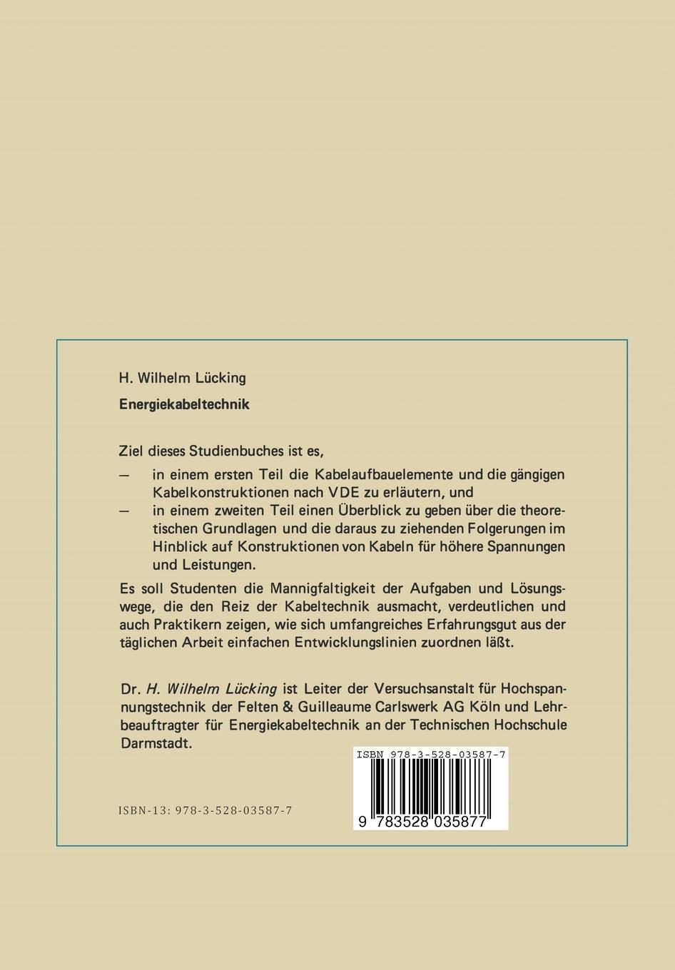 Rückseite: 9783528035877 | Energiekabeltechnik | H. Wilhelm Lücking | Taschenbuch | 137 S. | 1981