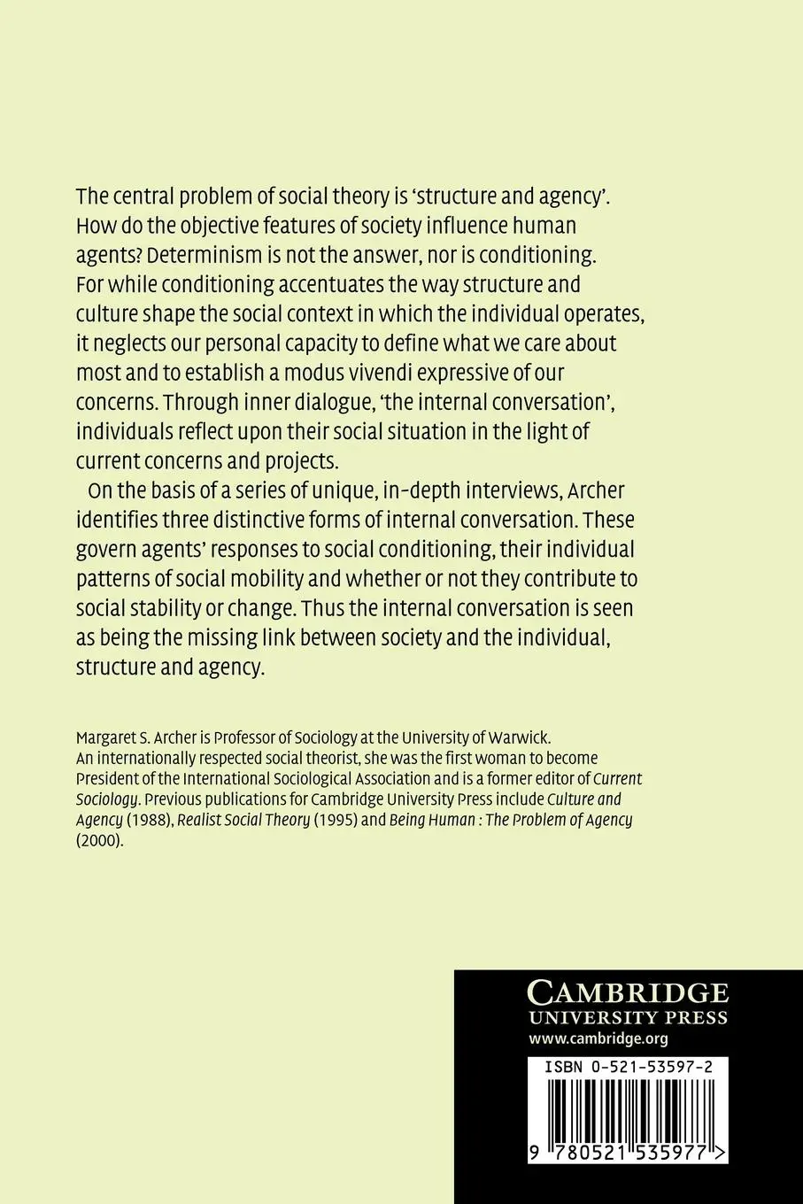 Rückseite: 9780521535977 | Structure, Agency and the Internal Conversation | Archer (u. a.)