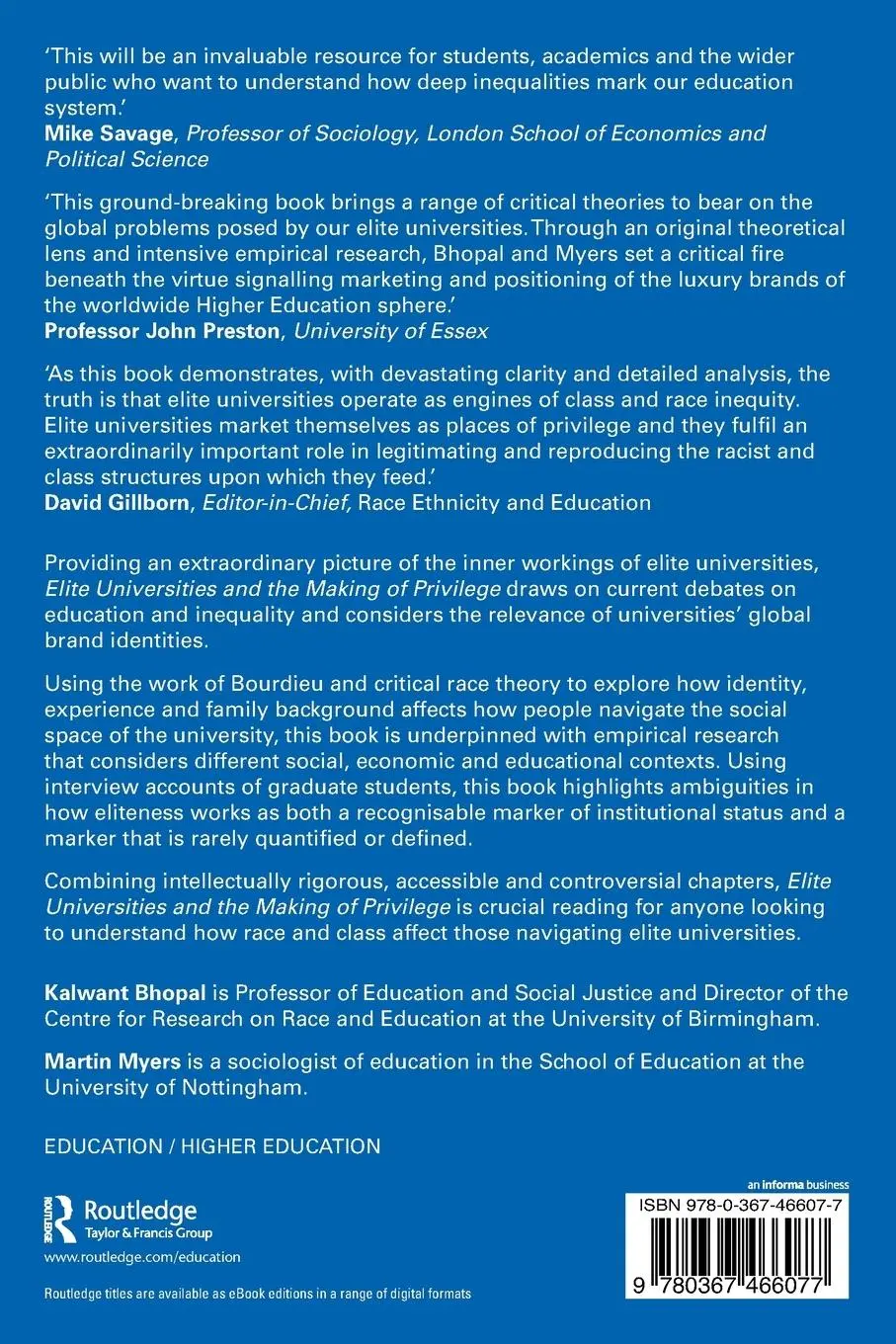 Rückseite: 9780367466077 | Elite Universities and the Making of Privilege | Bhopal (u. a.) | Buch