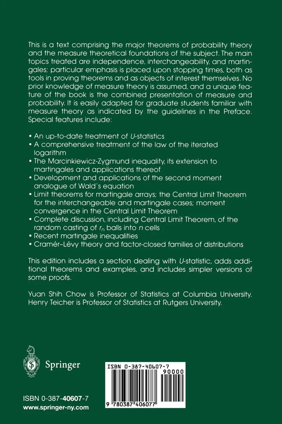Rückseite: 9780387406077 | Probability Theory | Independence, Interchangeability, Martingales