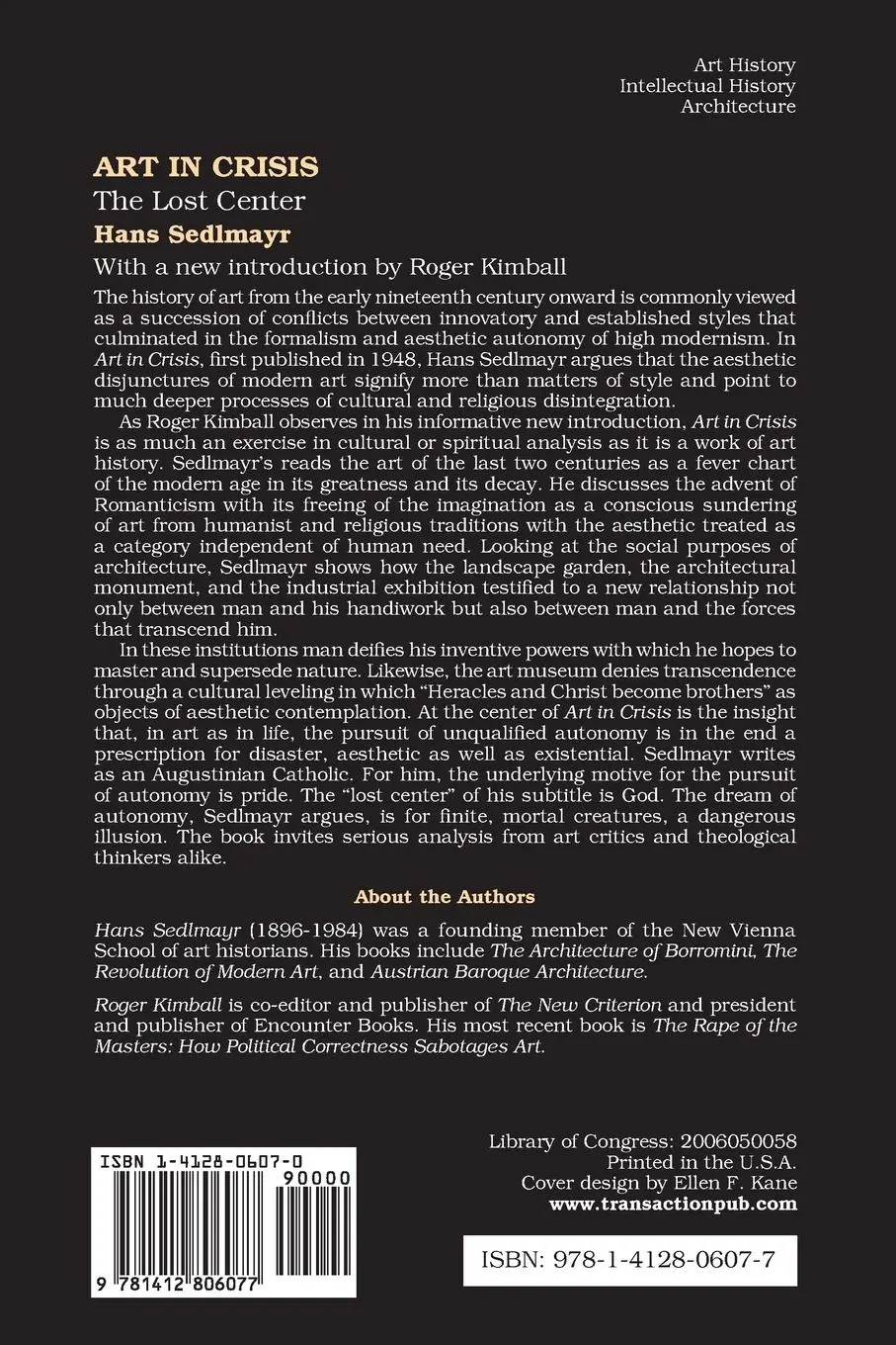 Rückseite: 9781412806077 | Art in Crisis | The Lost Center | Hans Sedlmayr | Taschenbuch | 2006