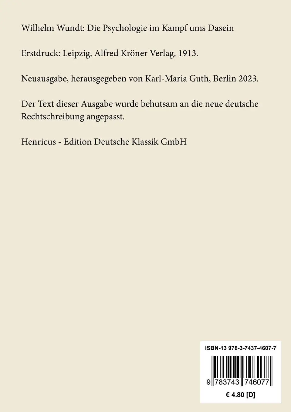 Rückseite: 9783743746077 | Die Psychologie im Kampf ums Dasein | Wilhelm Wundt | Taschenbuch