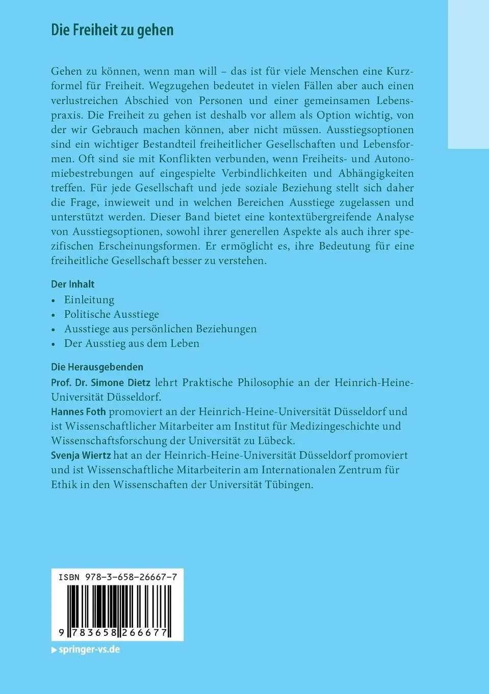 Rückseite: 9783658266677 | Die Freiheit zu gehen | Simone Dietz (u. a.) | Taschenbuch | viii