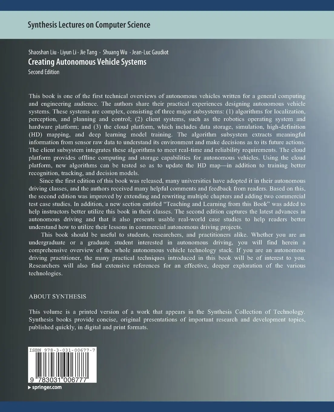 Rückseite: 9783031006777 | Creating Autonomous Vehicle Systems, Second Edition | Liu (u. a.)
