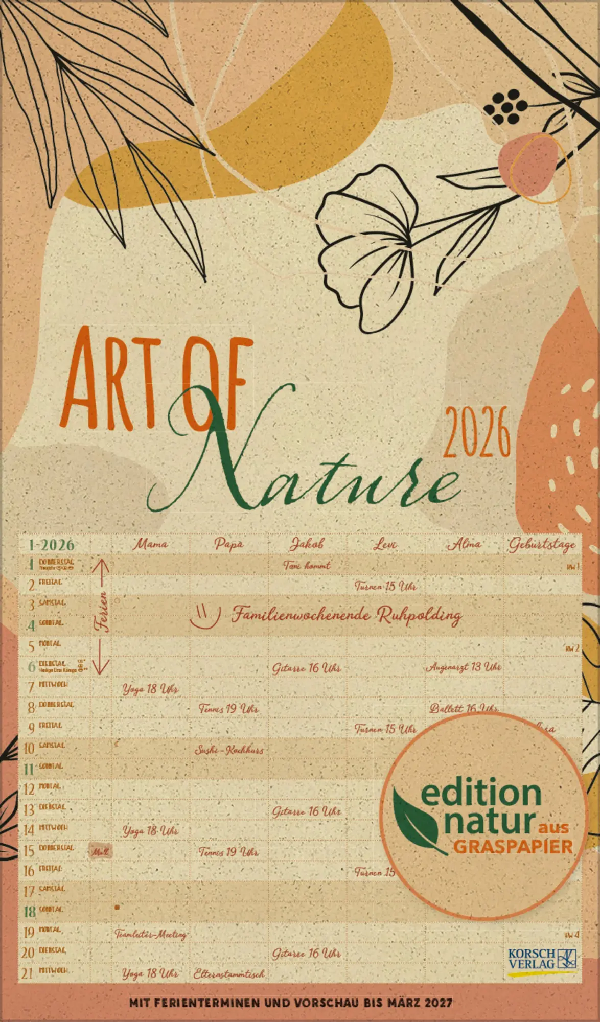 Cover: 9783731886877 | Familienplaner Art of Nature aus Graspapier 2026 | Verlag Korsch