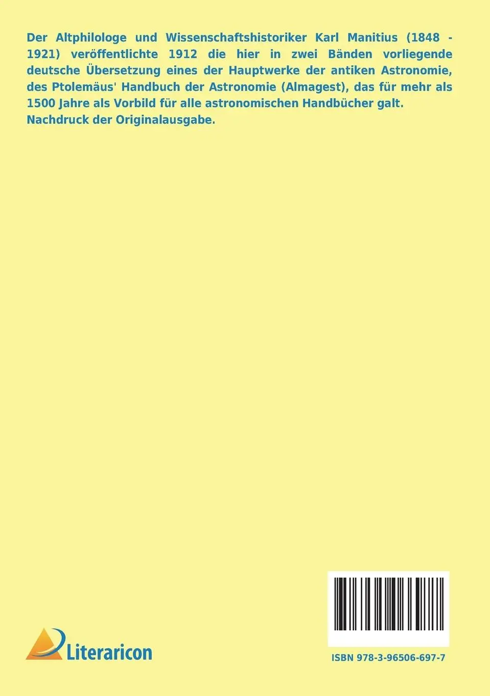 Rückseite: 9783965066977 | Des Claudius Ptolemäus Handbuch der Astronomie | 2. Band | Manitius