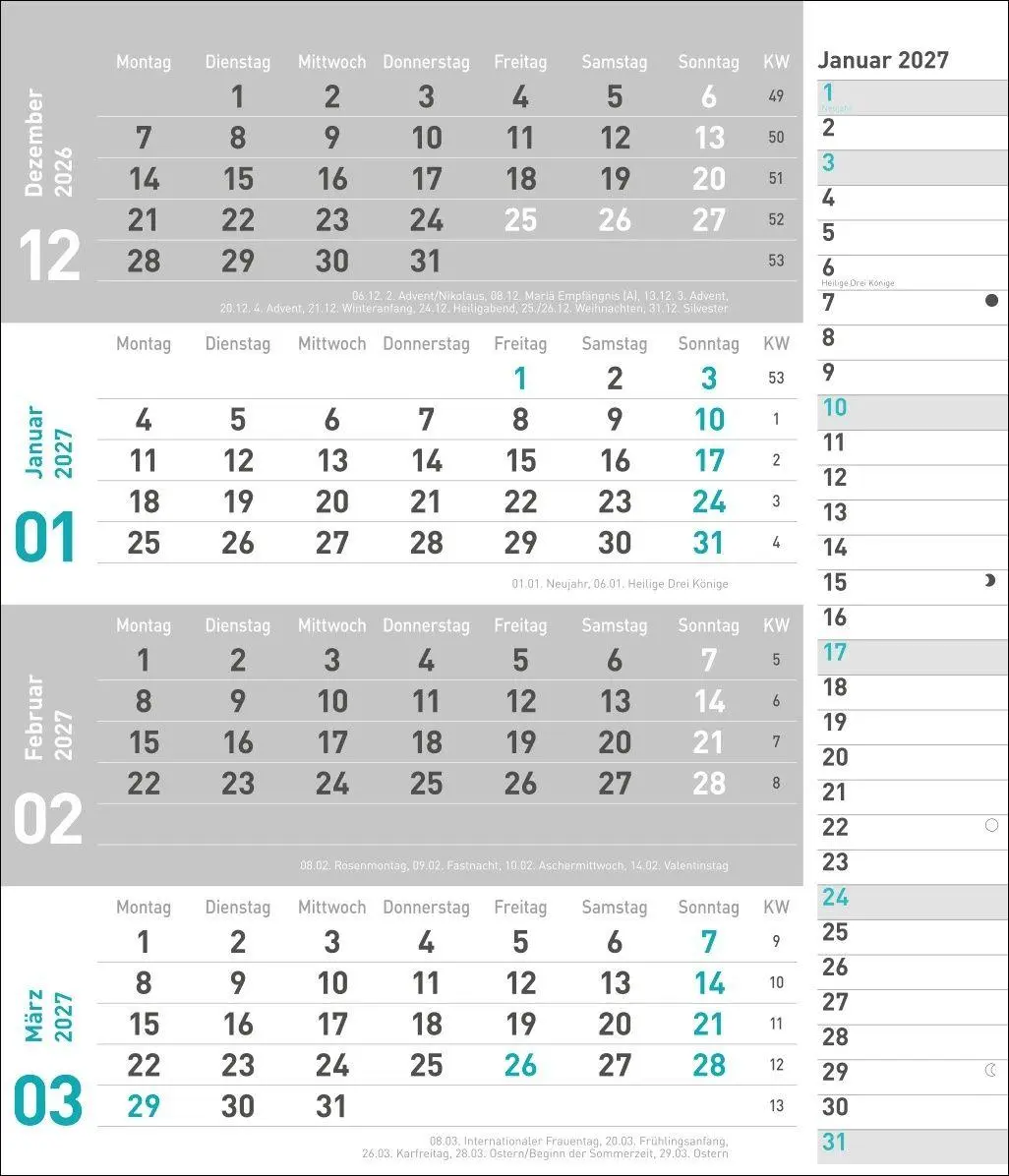 Cover: 9783756417377 | times&amp;more 4-Monatsplaner, türkis 2027 | Heye | Kalender | 12 S.