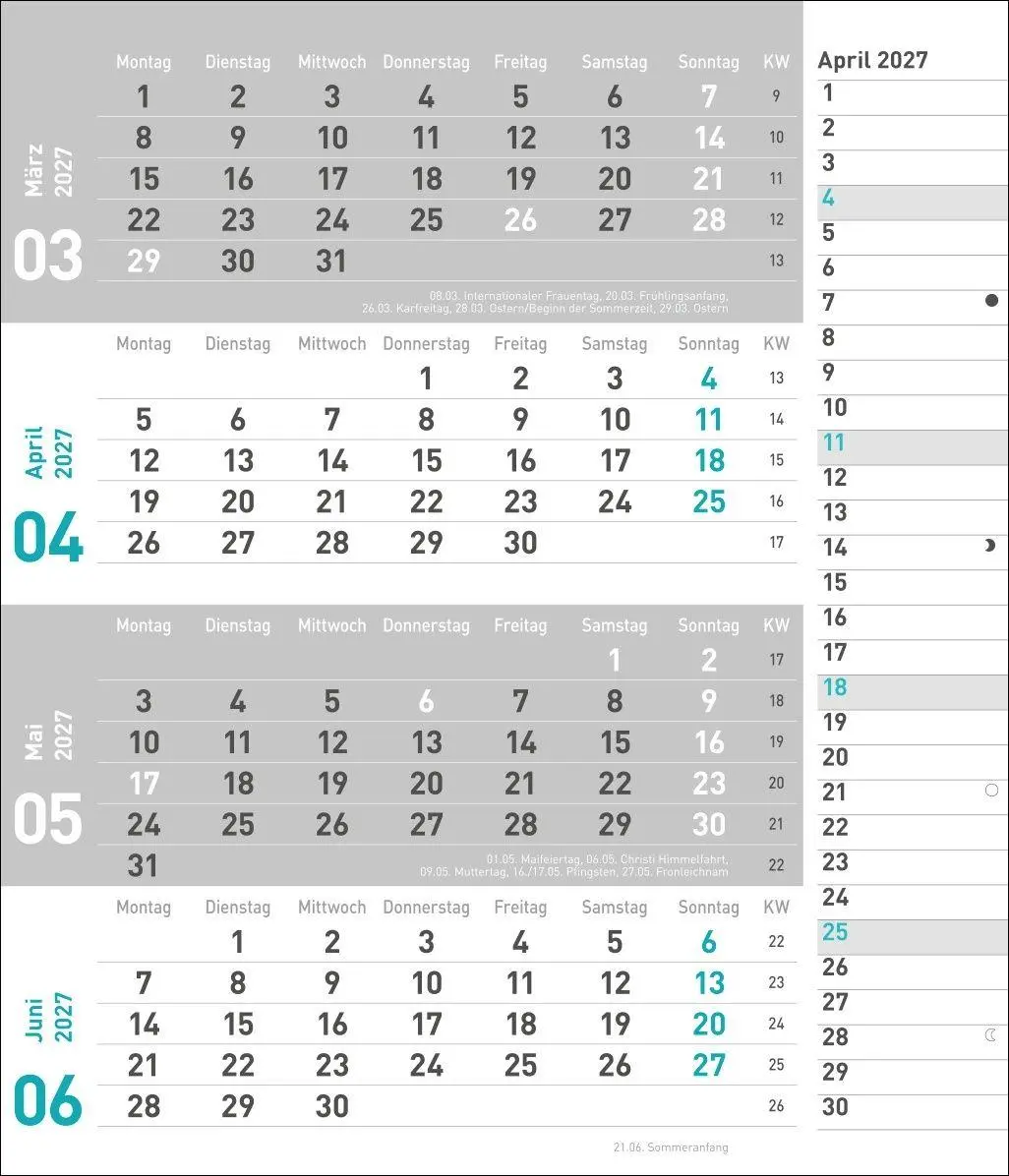 Bild: 9783756417377 | times&amp;more 4-Monatsplaner, türkis 2027 | Heye | Kalender | 12 S.