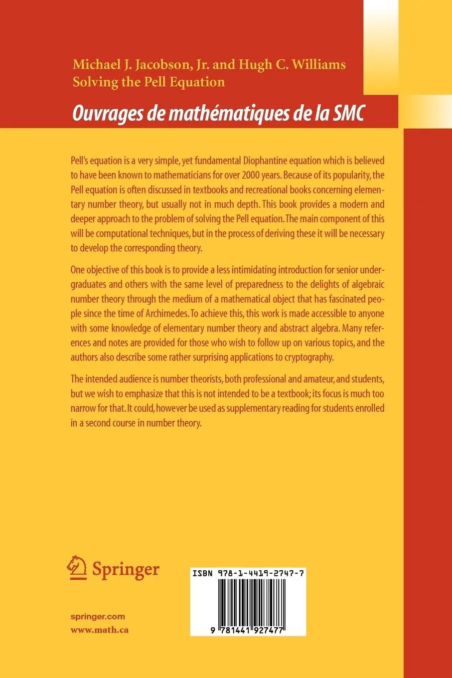 Rückseite: 9781441927477 | Solving the Pell Equation | Michael Jacobson (u. a.) | Taschenbuch