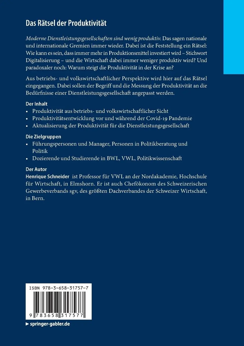 Rückseite: 9783658317577 | Das Rätsel der Produktivität | Henrique Schneider | Taschenbuch | 2020