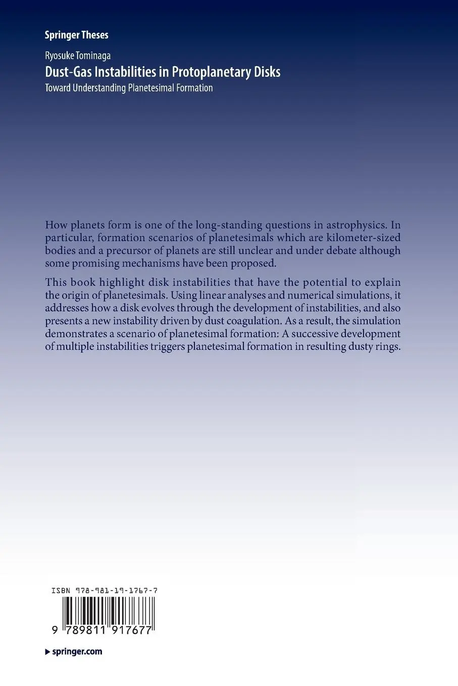 Rückseite: 9789811917677 | Dust-Gas Instabilities in Protoplanetary Disks | Ryosuke Tominaga