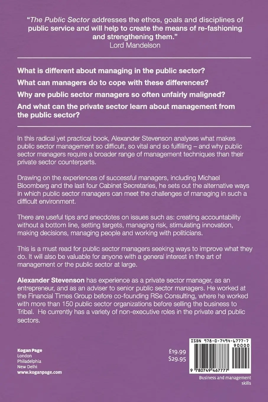 Rückseite: 9780749467777 | The Public Sector | Managing the Unmanageable | Alexander Stevenson