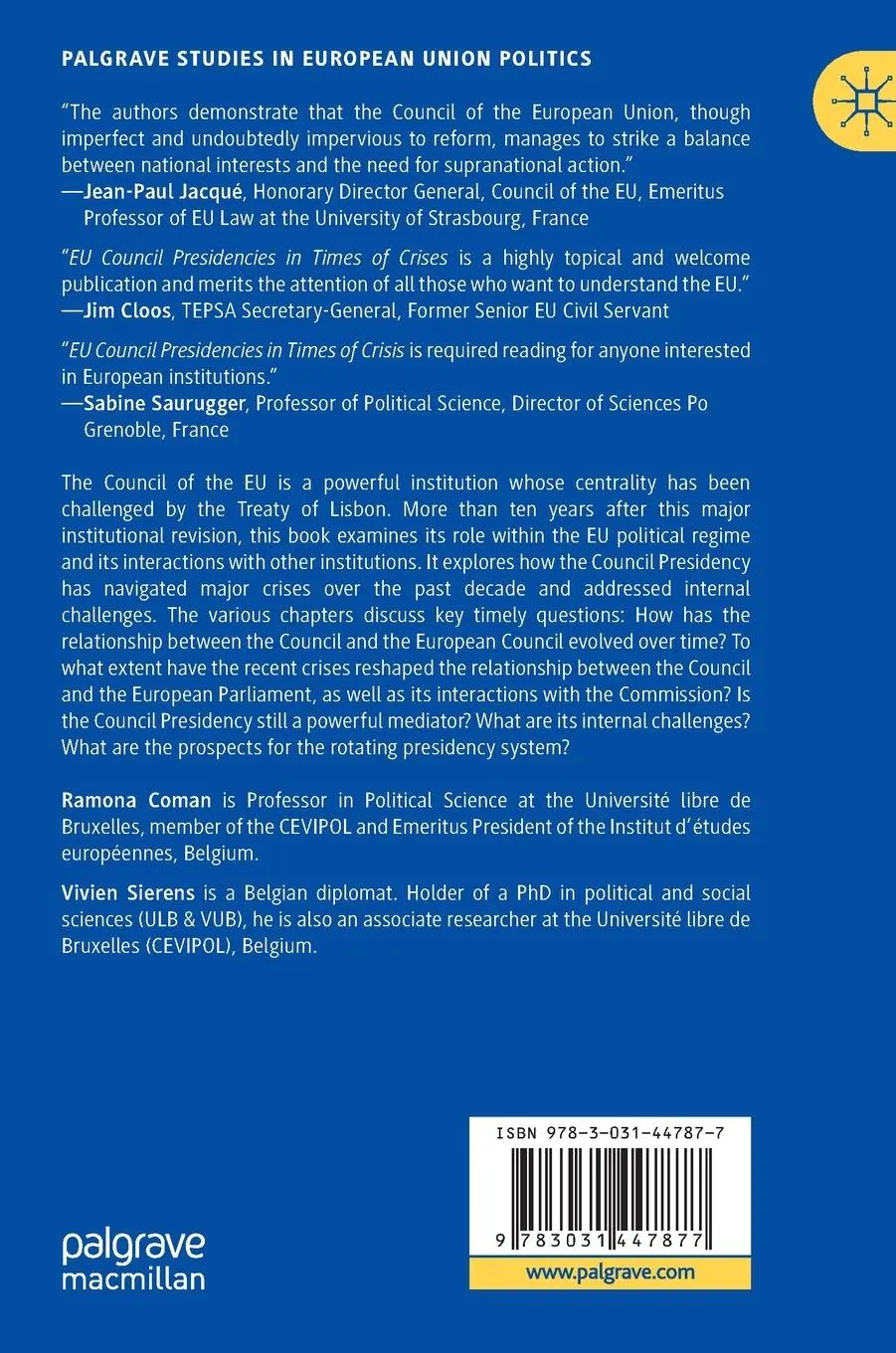 Rückseite: 9783031447877 | EU Council Presidencies in Times of Crises | Vivien Sierens (u. a.)