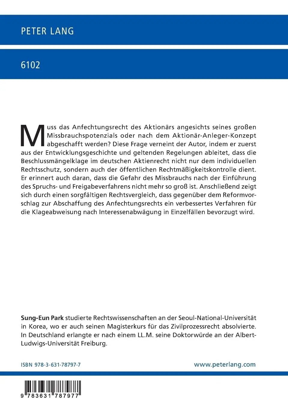 Rückseite: 9783631787977 | Die Beschlussmängelklage im deutschen, koreanischen und...