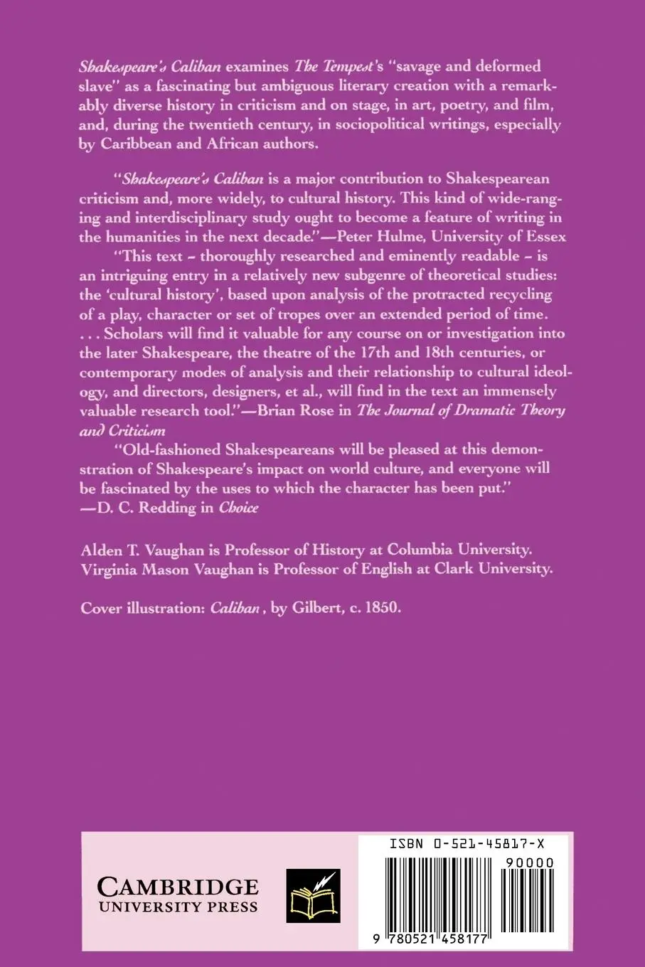 Rückseite: 9780521458177 | Shakespeare's Caliban | A Cultural History | Alden T. Vaughan (u. a.)