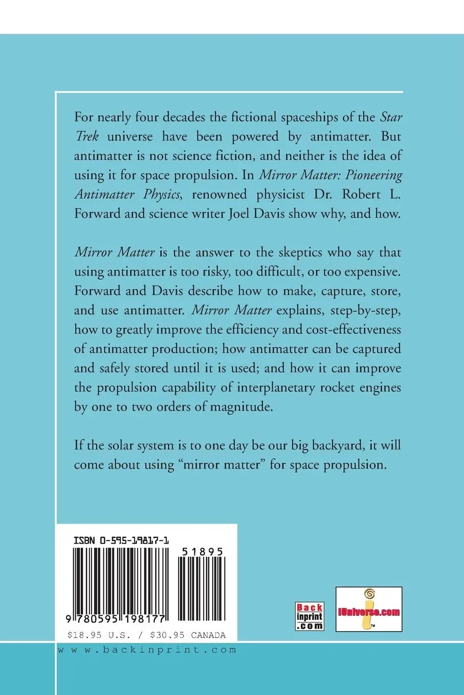 Rückseite: 9780595198177 | Mirror Matter | Pioneering Antimatter Physics | Robert Forward (u. a.)