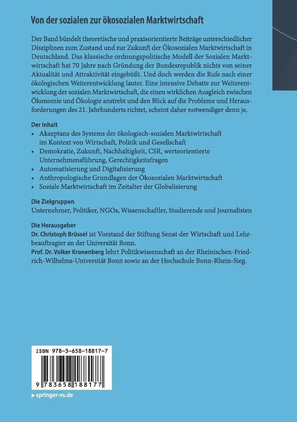 Rückseite: 9783658188177 | Von der sozialen zur ökosozialen Marktwirtschaft | Kronenberg (u. a.)