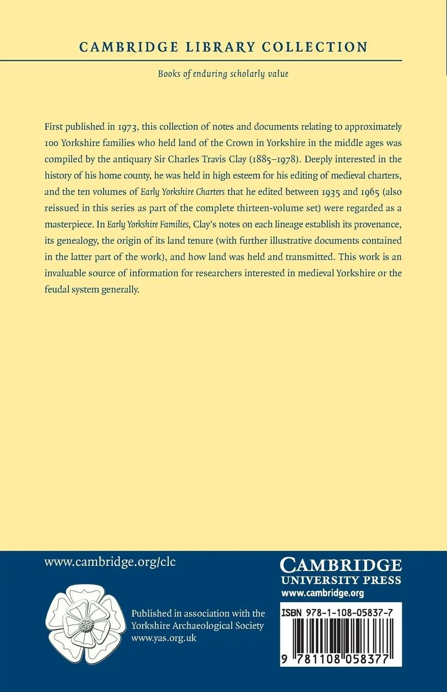 Rückseite: 9781108058377 | Early Yorkshire Families | Charles Clay (u. a.) | Taschenbuch | 2013