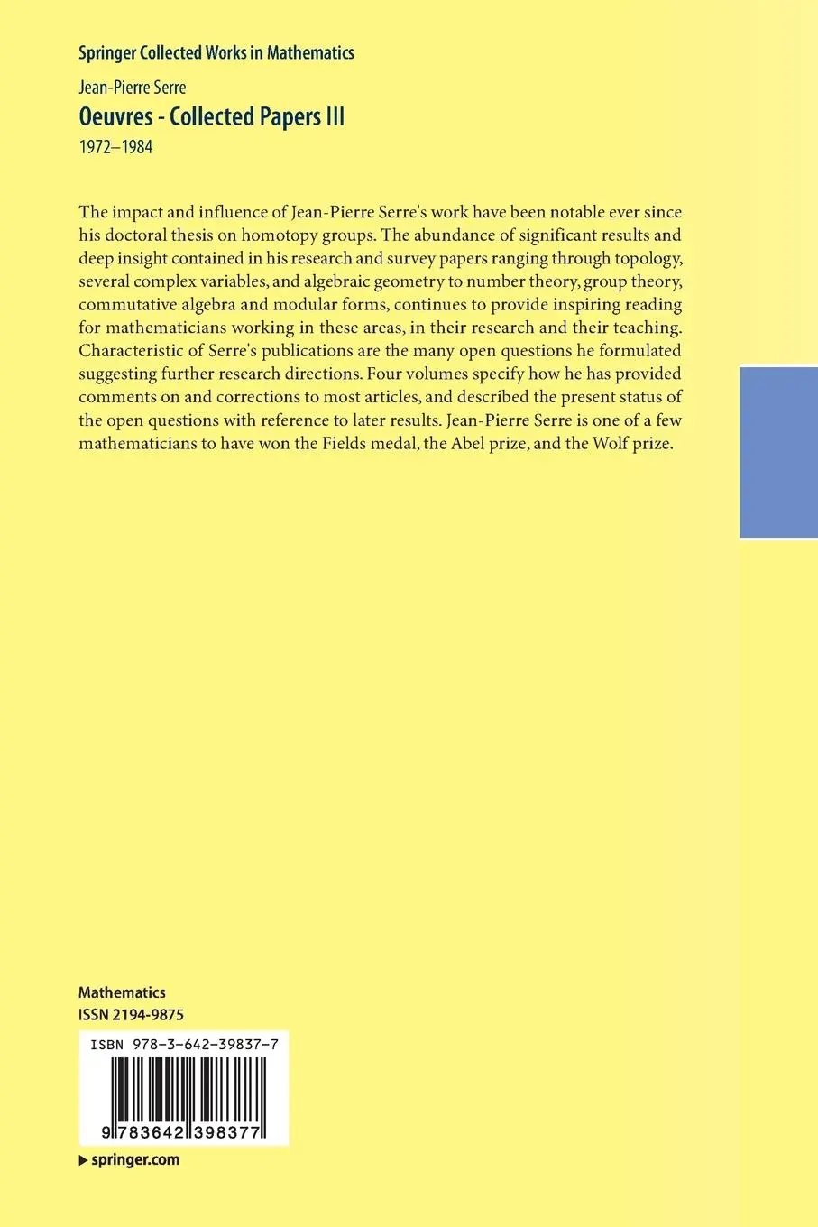 Rückseite: 9783642398377 | Oeuvres - Collected Papers III | 1972 - 1984 | Jean-Pierre Serre | vi