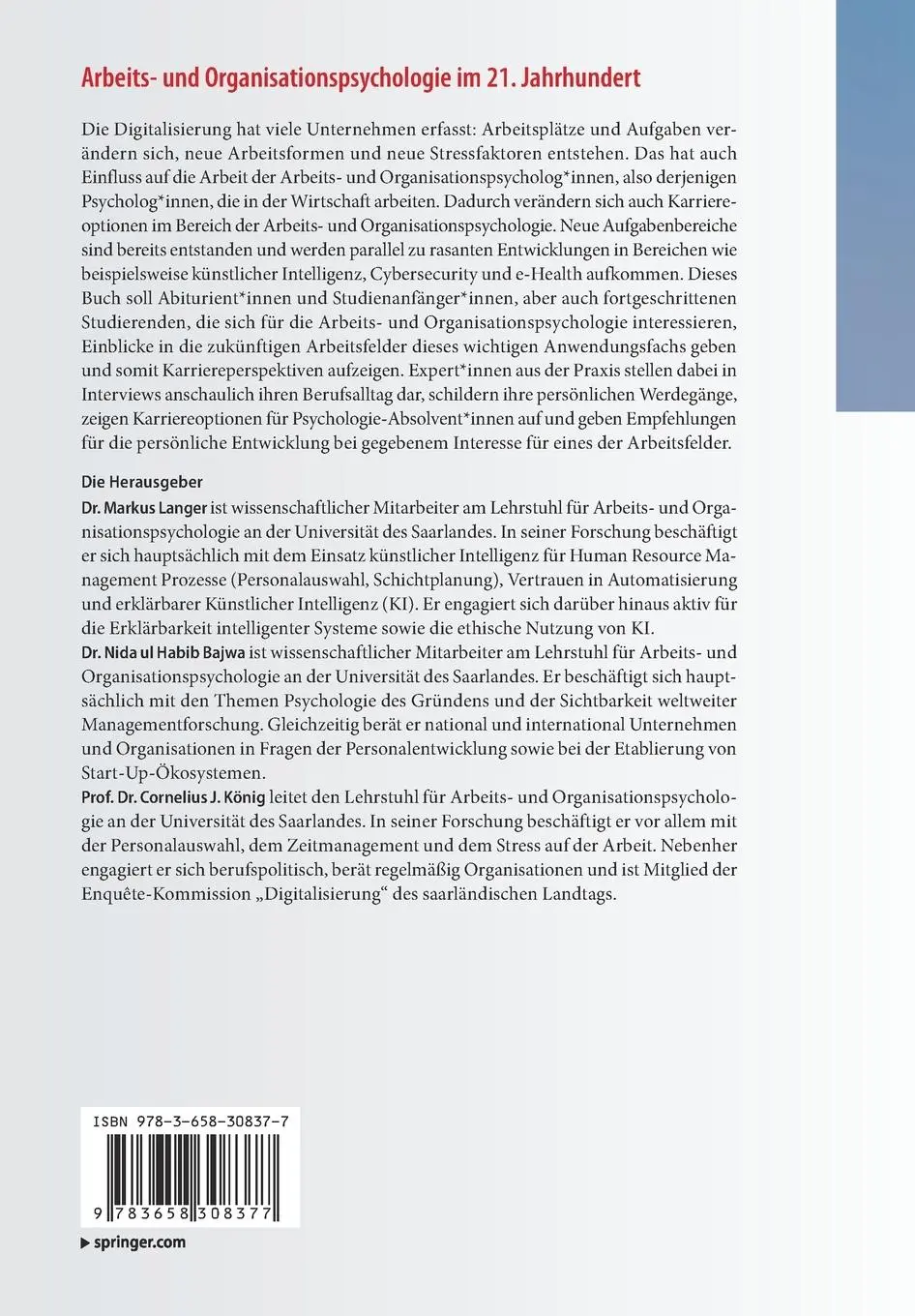 Rückseite: 9783658308377 | Arbeits- und Organisationspsychologie im 21. Jahrhundert | Taschenbuch