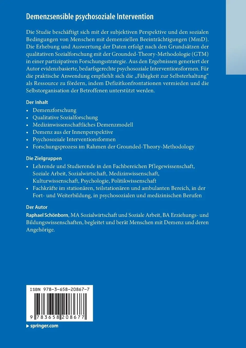 Rückseite: 9783658208677 | Demenzsensible psychosoziale Intervention | Raphael Schönborn | Buch