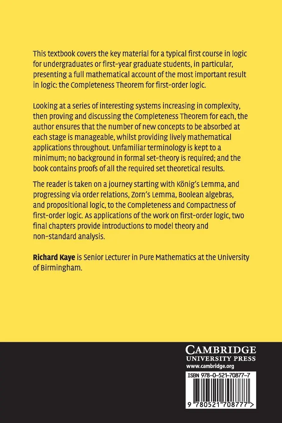 Rückseite: 9780521708777 | The Mathematics of Logic | Richard W. Kaye | Taschenbuch | Englisch