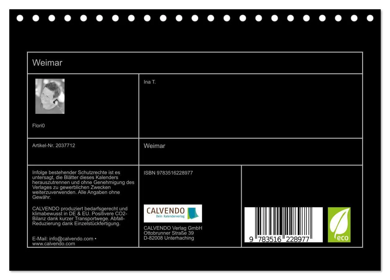 Bild: 9783516228977 | Weimar (Tischkalender 2026 DIN A5 quer), CALVENDO Monatskalender