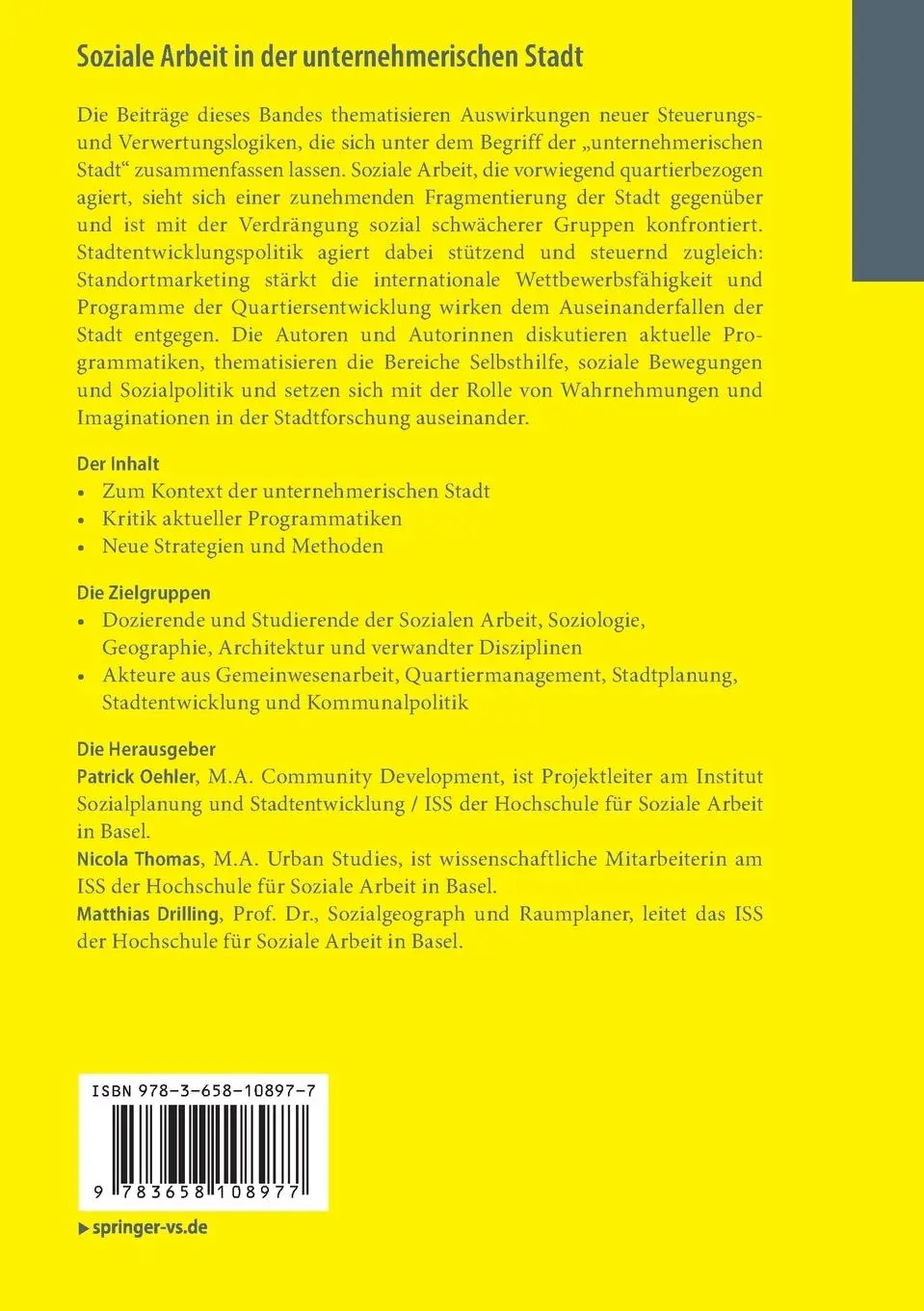 Rückseite: 9783658108977 | Soziale Arbeit in der unternehmerischen Stadt | Patrick Oehler (u. a.)