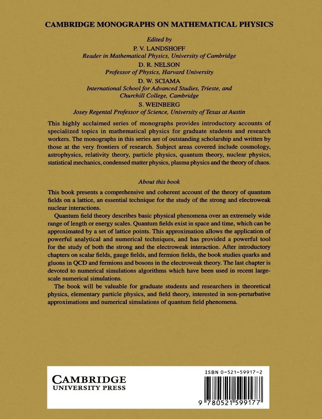 Rückseite: 9780521599177 | Quantum Fields on a Lattice | Istvan Montvay (u. a.) | Taschenbuch