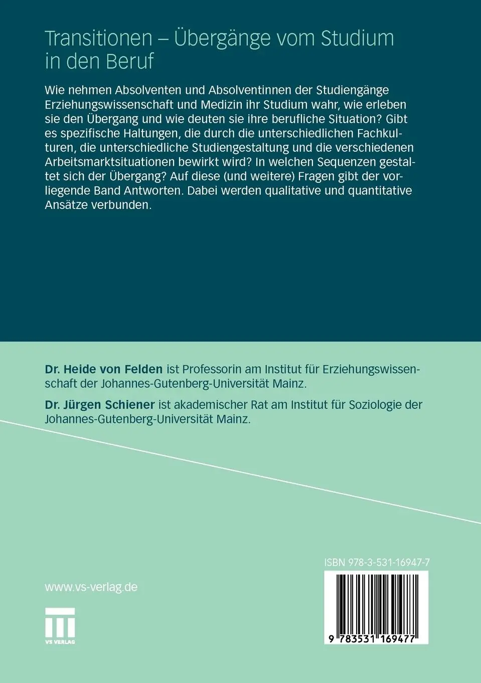 Rückseite: 9783531169477 | Transitionen - Übergänge vom Studium in den Beruf | Schiener (u. a.)