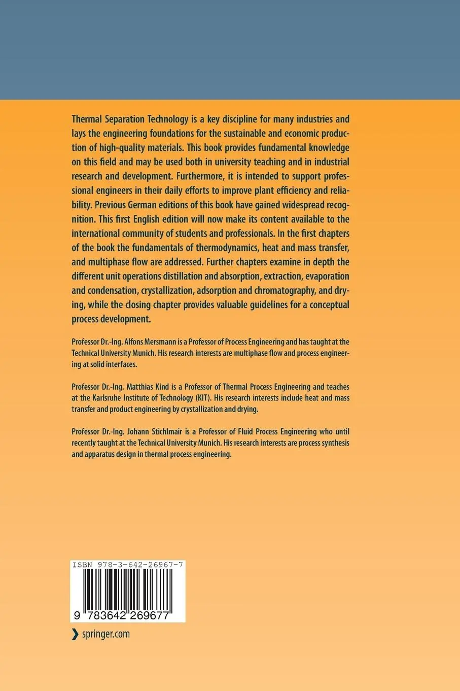 Rückseite: 9783642269677 | Thermal Separation Technology | Principles, Methods, Process Design