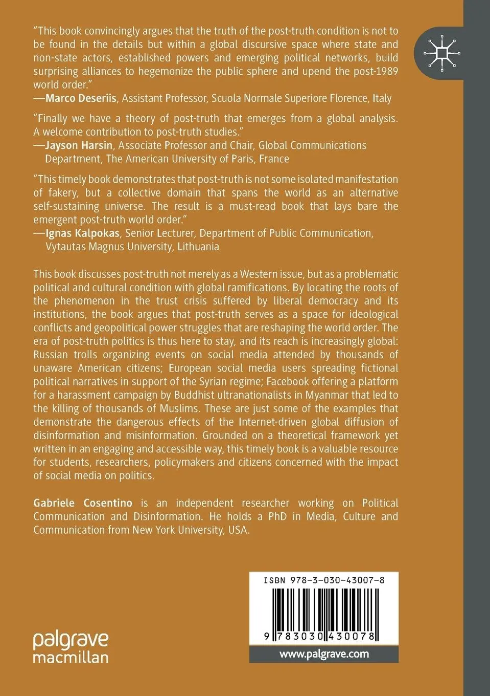 Rückseite: 9783030430078 | Social Media and the Post-Truth World Order | Gabriele Cosentino