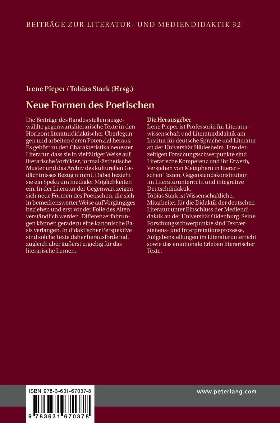 Rückseite: 9783631670378 | Neue Formen des Poetischen | Tobias Stark (u. a.) | Buch | Deutsch
