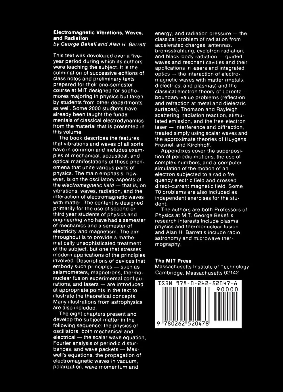 Rückseite: 9780262520478 | Electromagnetic Vibrations, Waves, and Radiation | Bekefi (u. a.)
