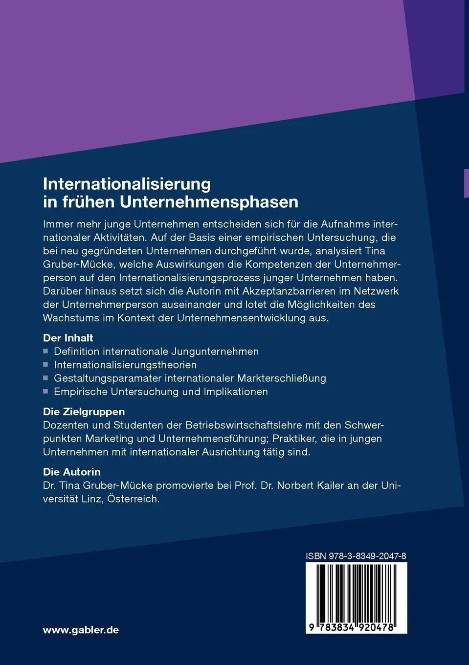 Rückseite: 9783834920478 | Internationalisierung in frühen Unternehmensphasen | Tina Gruber-Mücke