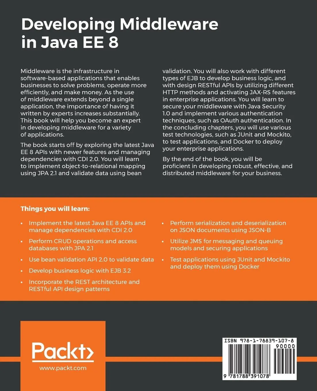 Rückseite: 9781788391078 | Developing Middleware in Java EE 8 | Abdalla Mahmoud | Taschenbuch