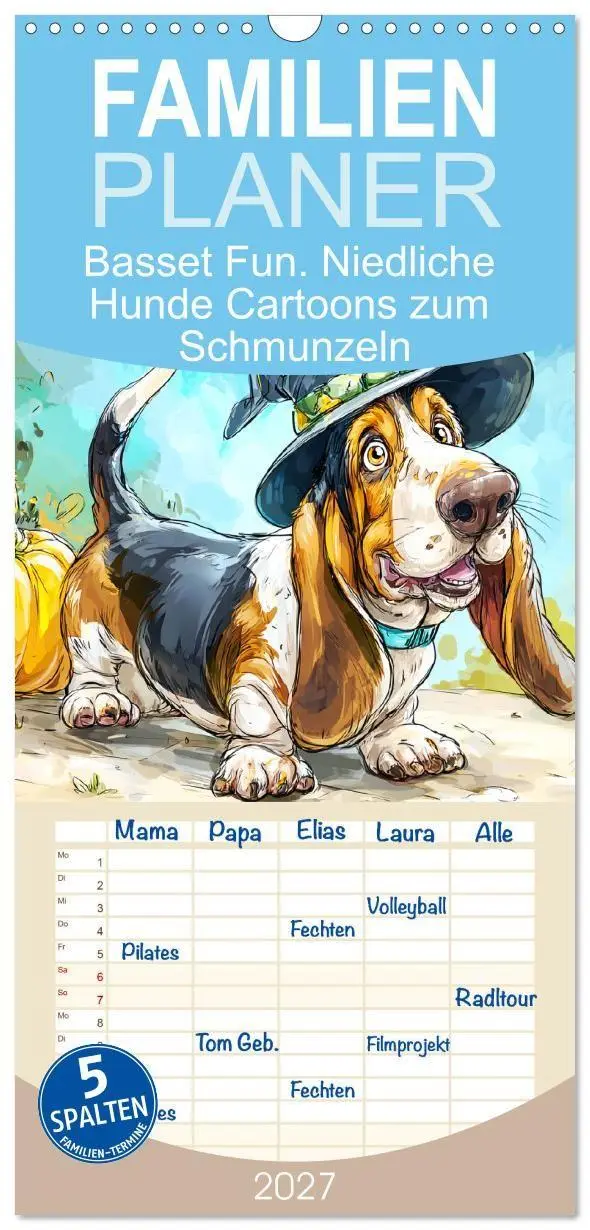 Cover: 9783594291078 | Familienplaner 2027 - Basset Fun. Niedliche Hunde Cartoons zum...