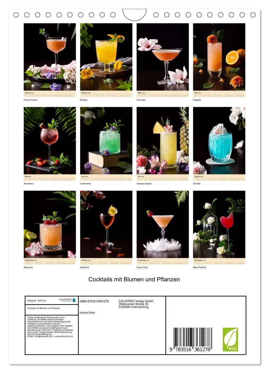 Bild: 9783516361278 | Cocktails mit Blumen und Pflanzen (Wandkalender 2026 DIN A4 hoch),...
