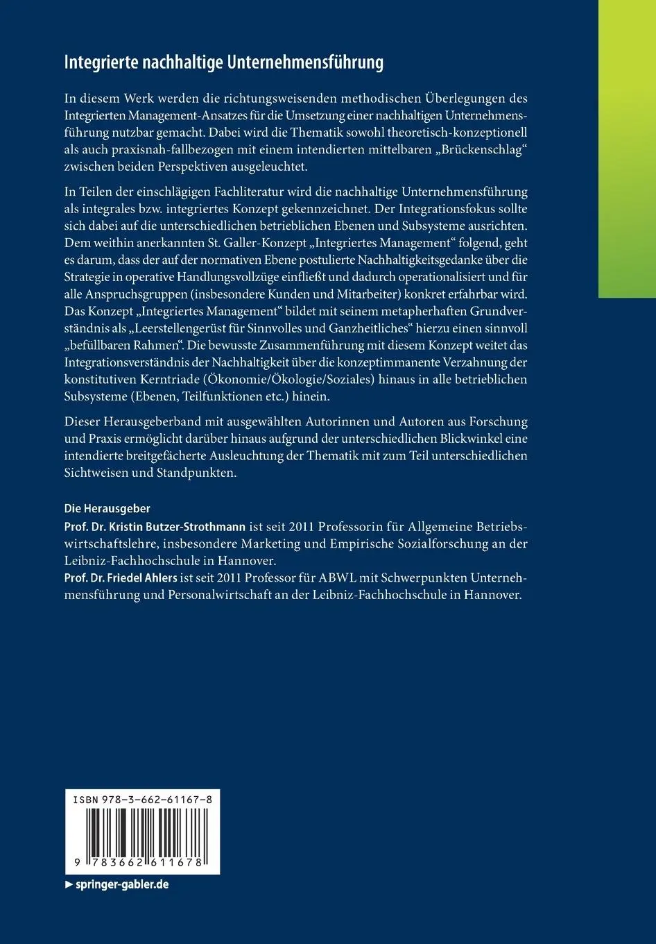 Rückseite: 9783662611678 | Integrierte nachhaltige Unternehmensführung | Friedel Ahlers (u. a.)