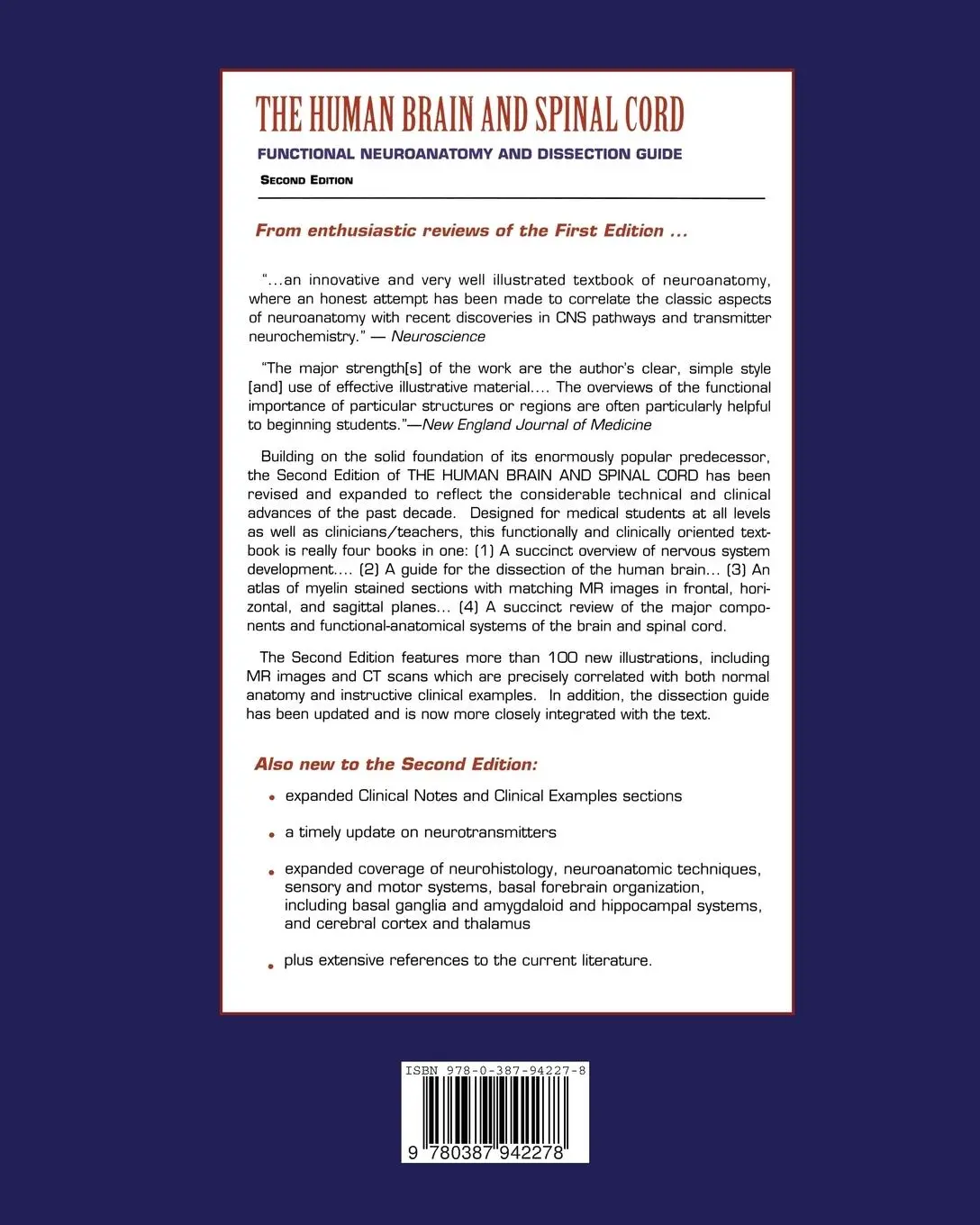 Rückseite: 9780387942278 | The Human Brain and Spinal Cord | Lennart Heimer | Taschenbuch | xiv